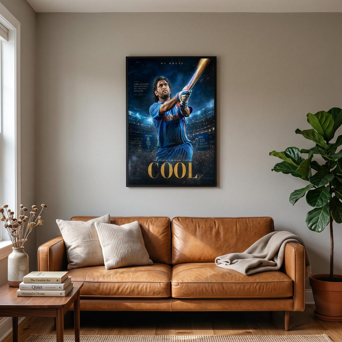 MS Dhoni Captain Print hanging on a living room wall