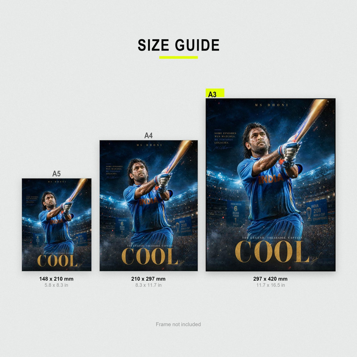 MS Dhoni Captain Print size guide showing A3, A4 and A5