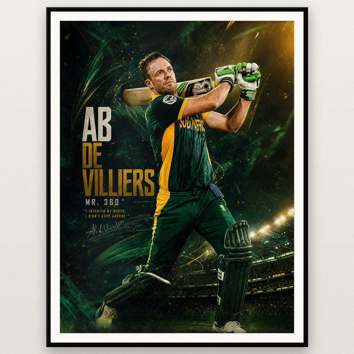 AB de Villiers Print shown in a black frame