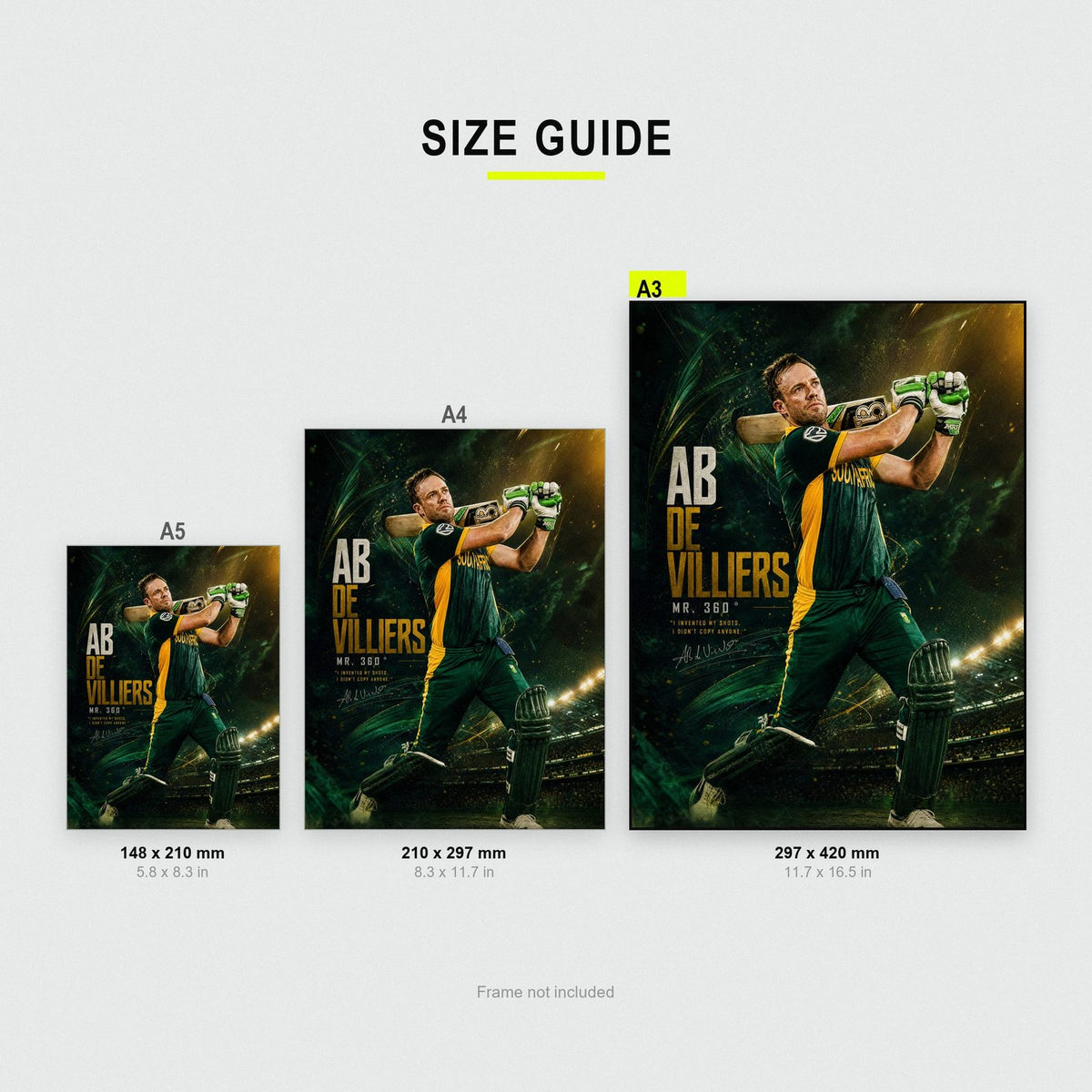 AB de Villiers Print size guide showing A3, A4 and A5
