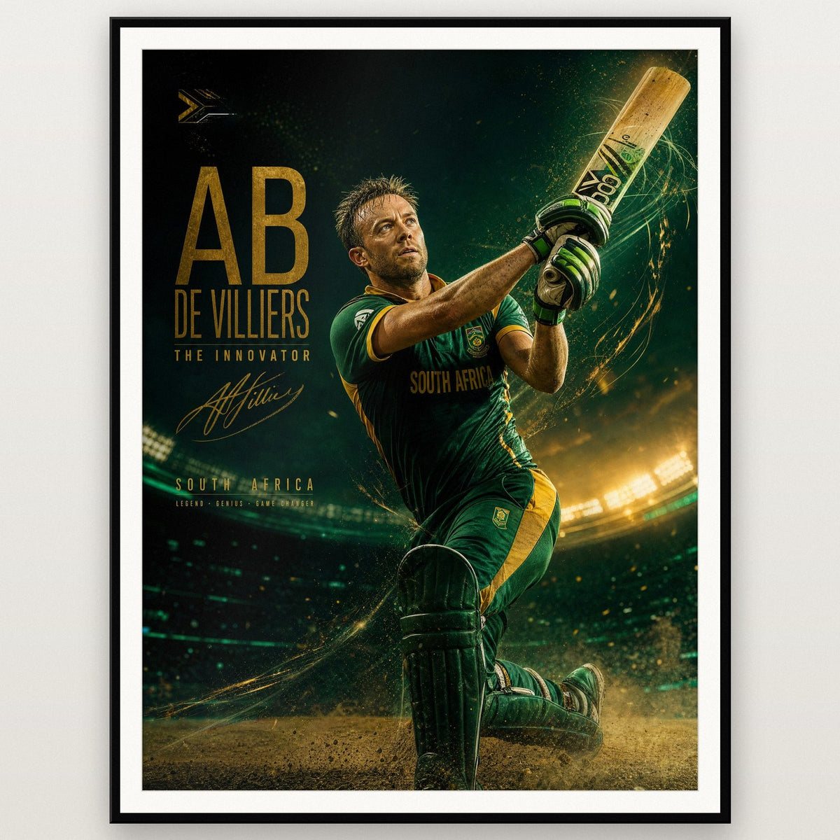 AB de Villiers Innovator Print shown in a black frame