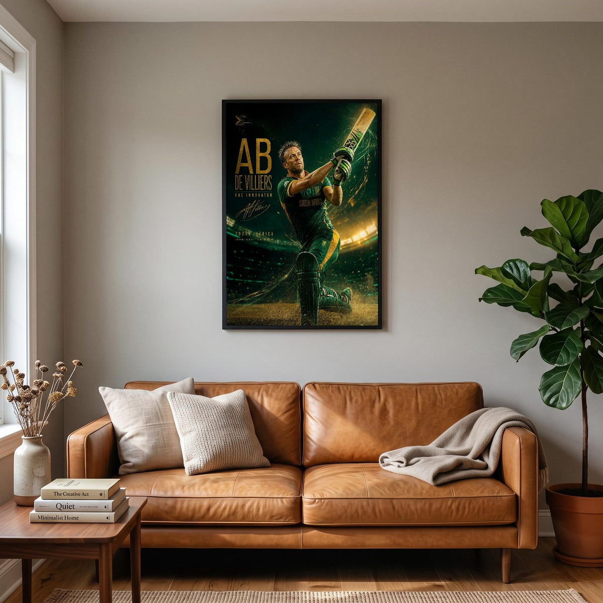 AB de Villiers Innovator Print hanging on a living room wall