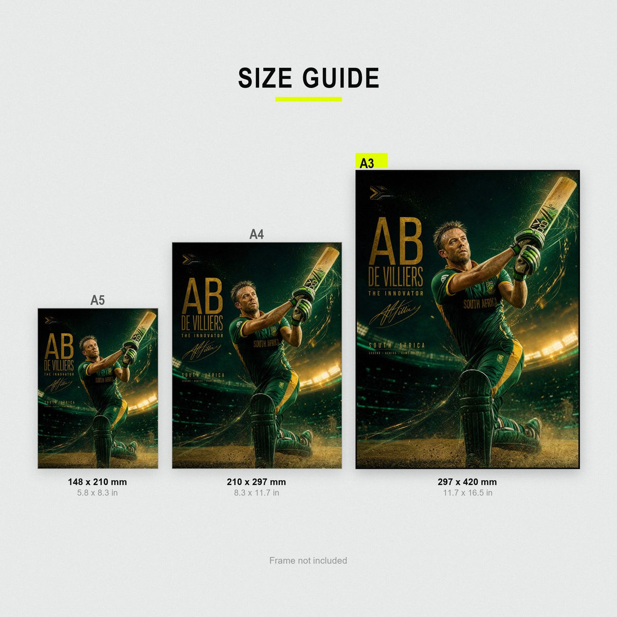 AB de Villiers Innovator Print size guide showing A3, A4 and A5