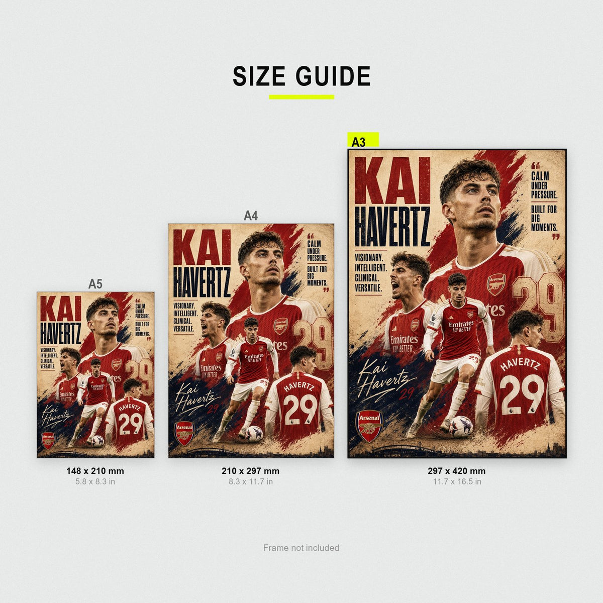 Kai Havertz Arsenal Print size guide showing A3, A4 and A5