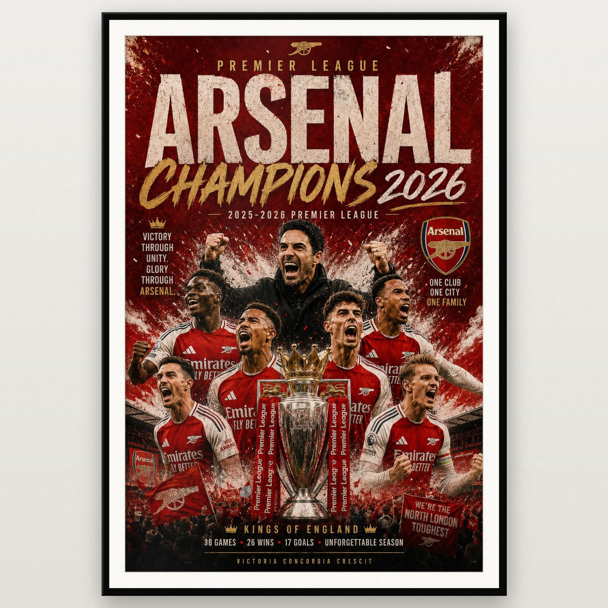 Arsenal Champions 2026 Print shown in a black frame