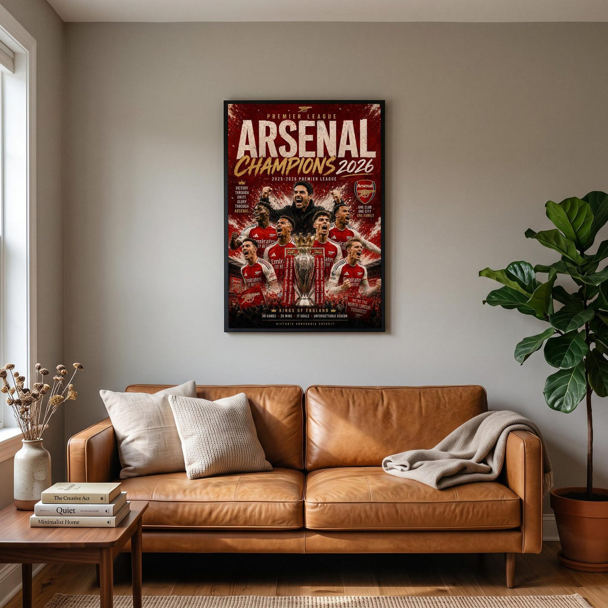 Arsenal Champions 2026 Print hanging on a living room wall