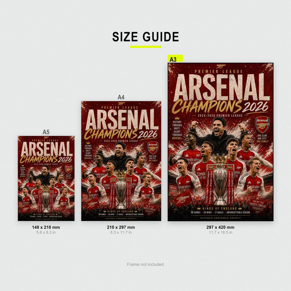 Arsenal Champions 2026 Print size guide showing A3, A4 and A5