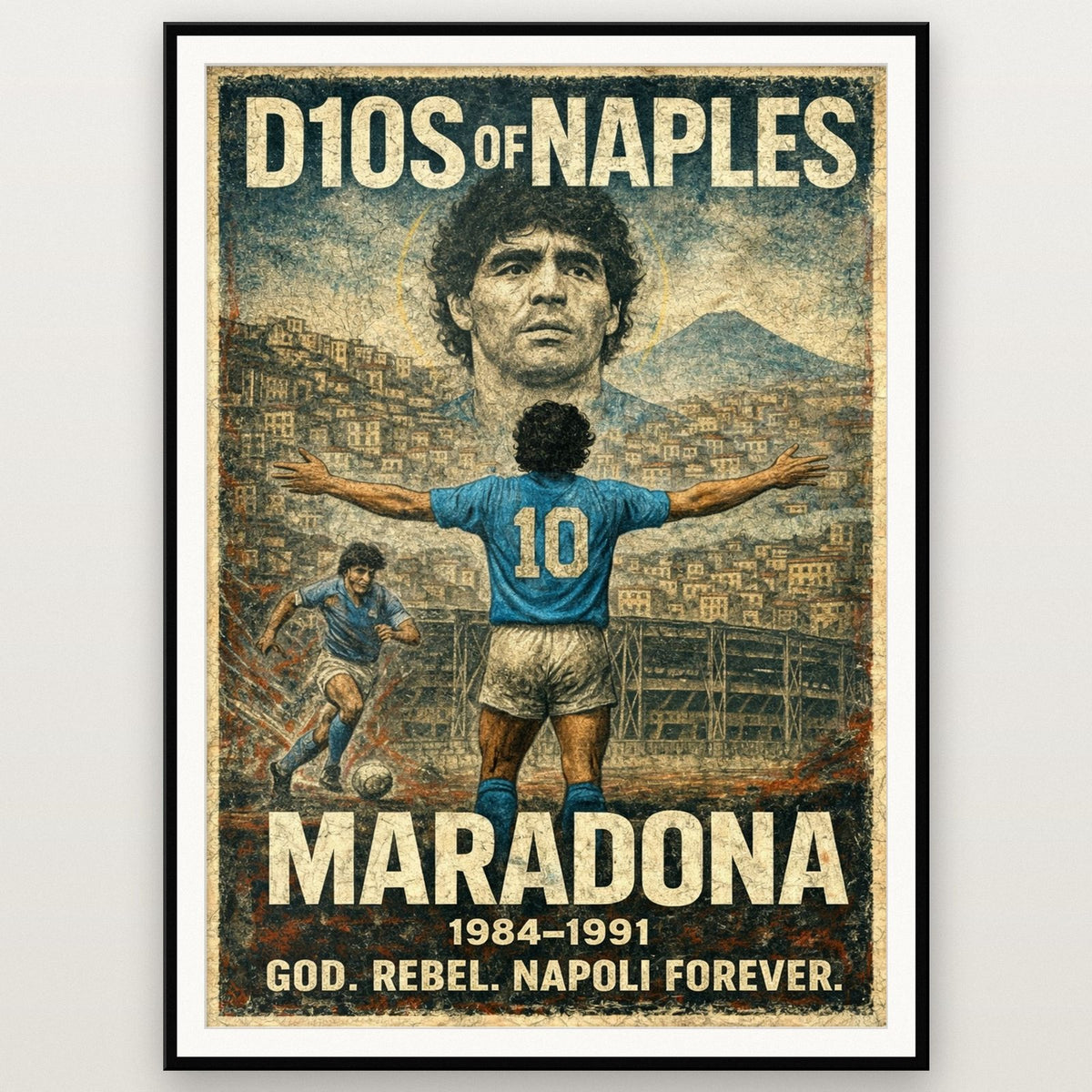Maradona Napoli Poster shown in a black frame