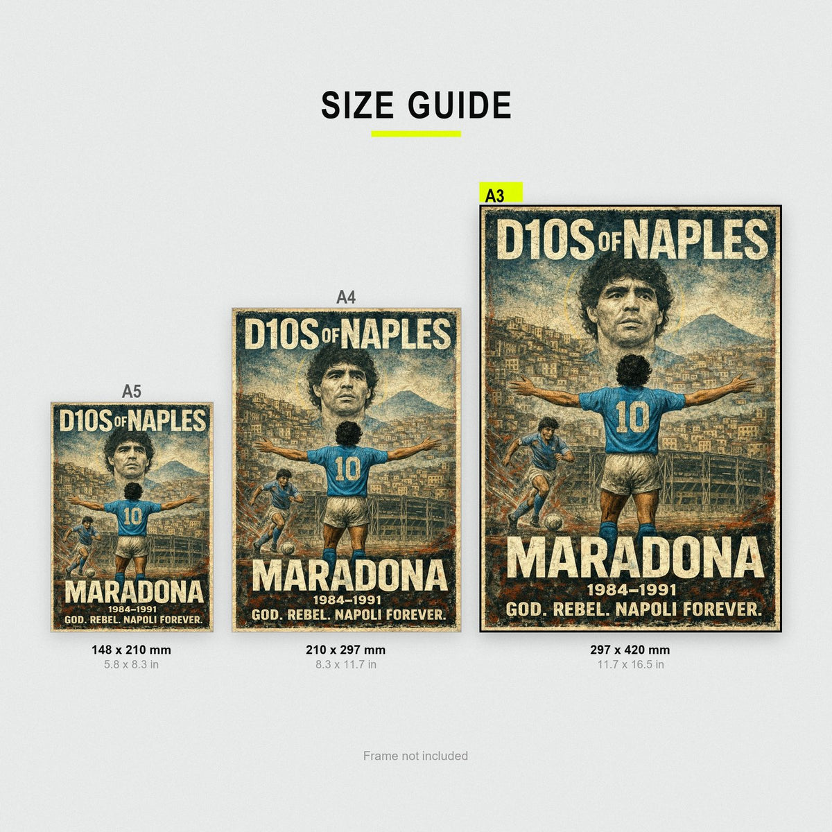 Maradona Napoli Poster size guide showing A3, A4 and A5