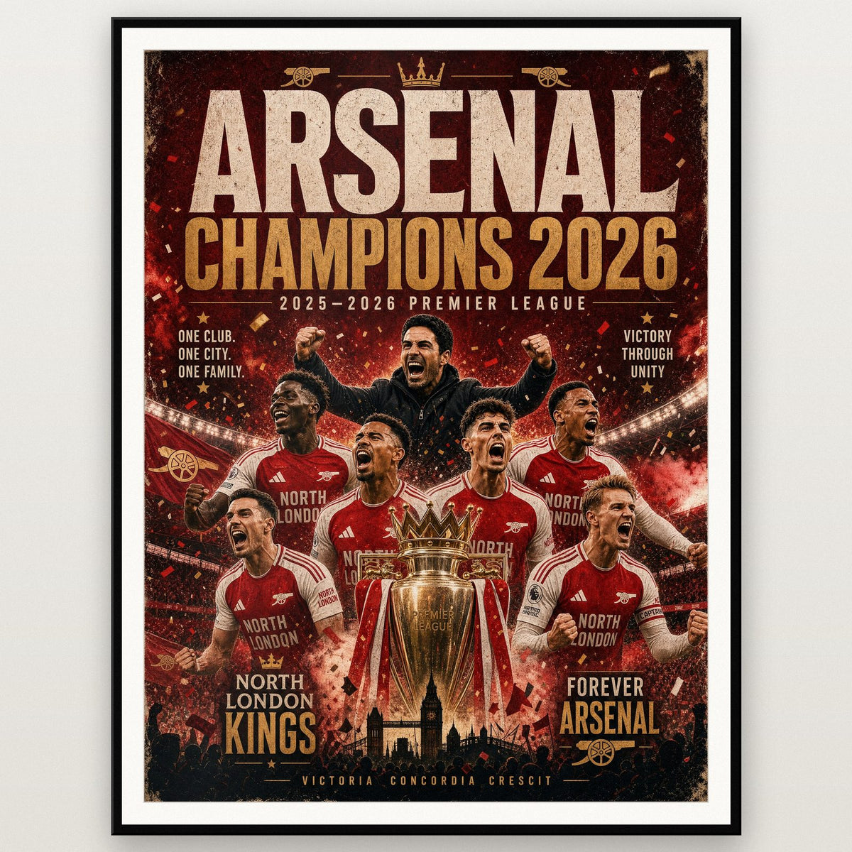 Arsenal Champions 2026 Print shown in a black frame