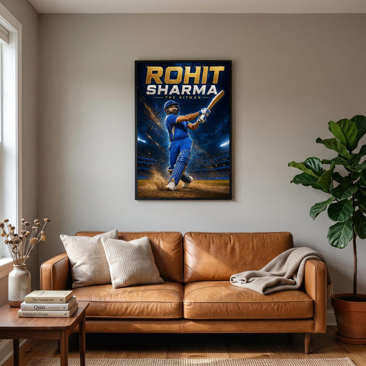 Rohit Sharma Poster hanging on a living room wall