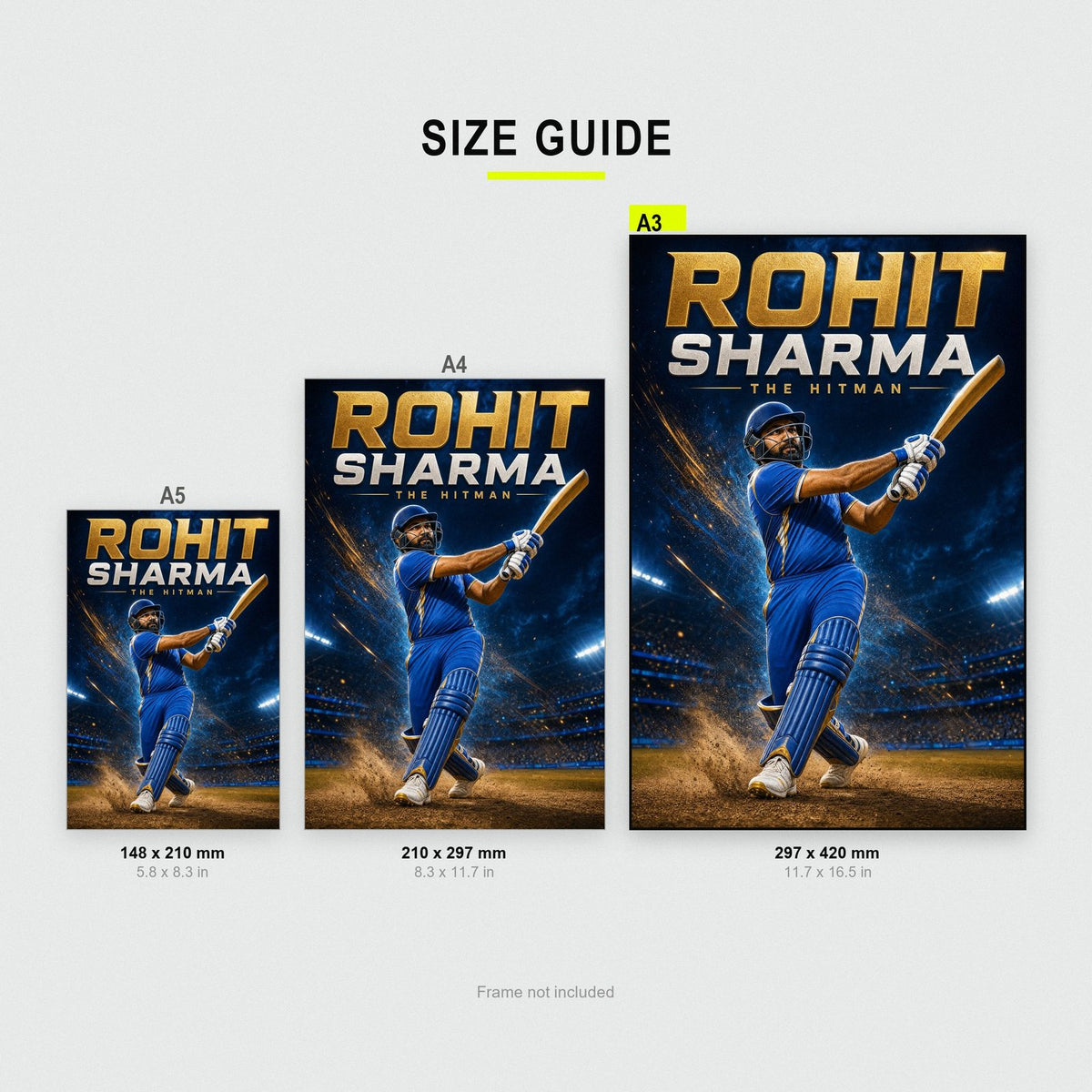Rohit Sharma Poster size guide showing A3, A4 and A5
