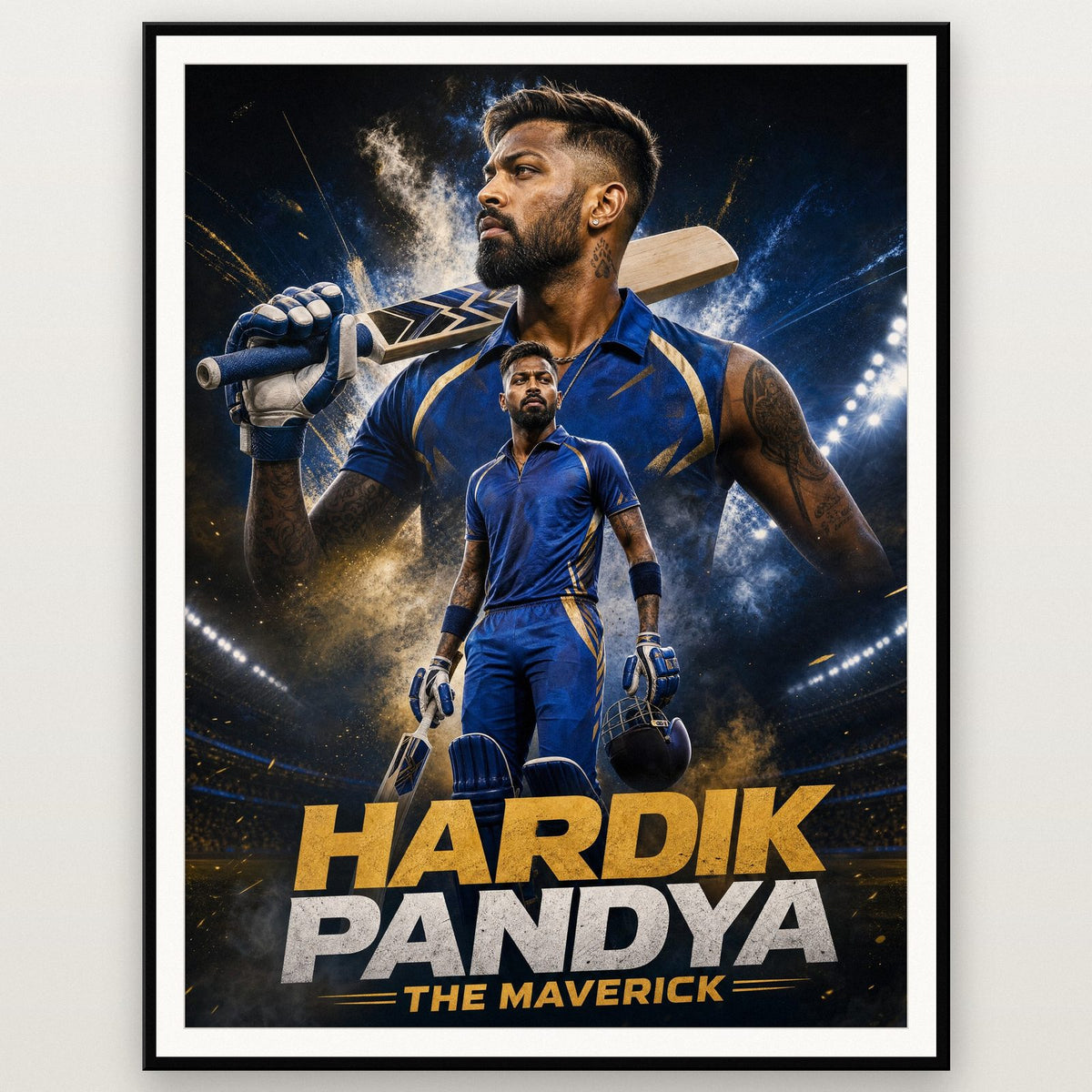 Hardik Pandya Poster shown in a black frame