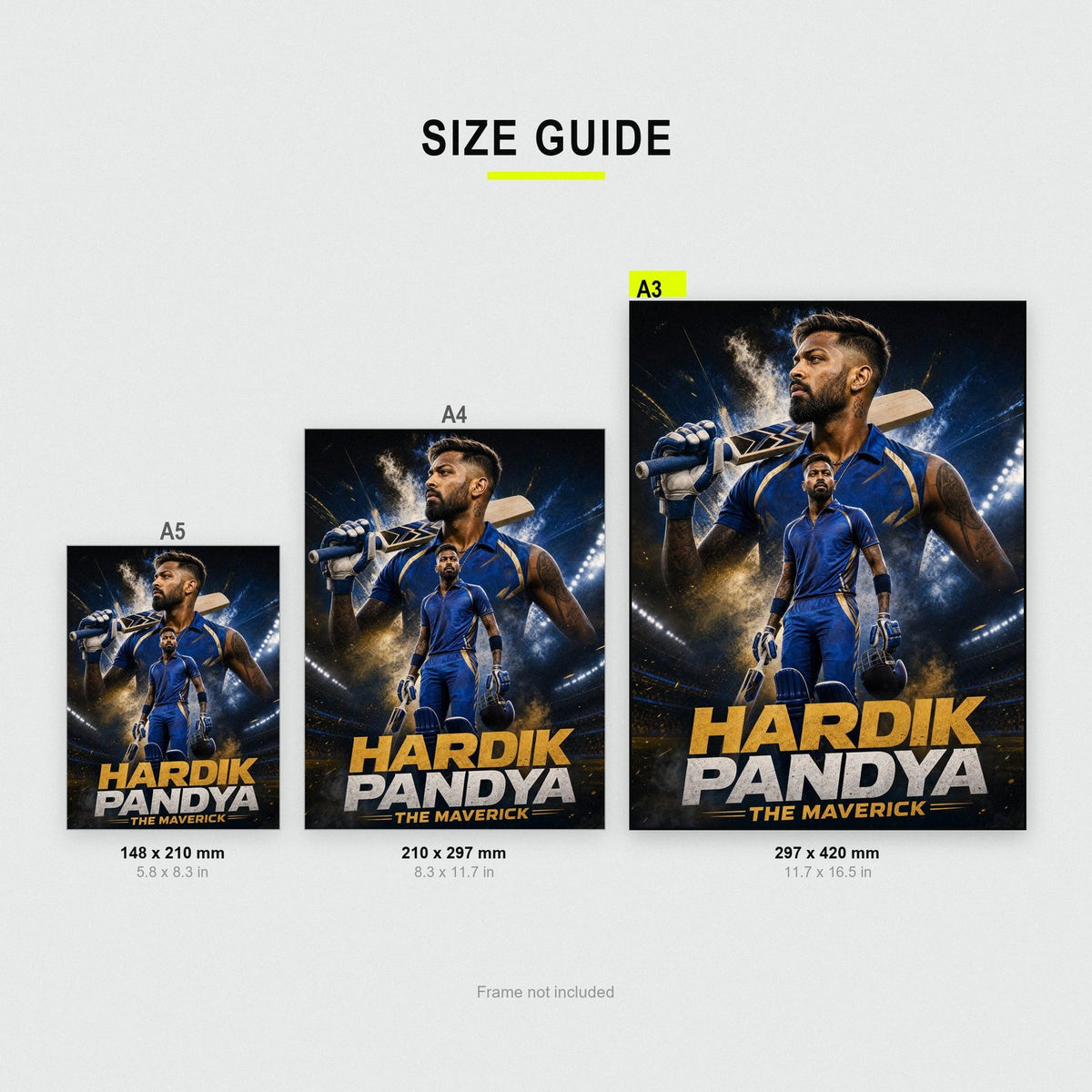Hardik Pandya Poster size guide showing A3, A4 and A5
