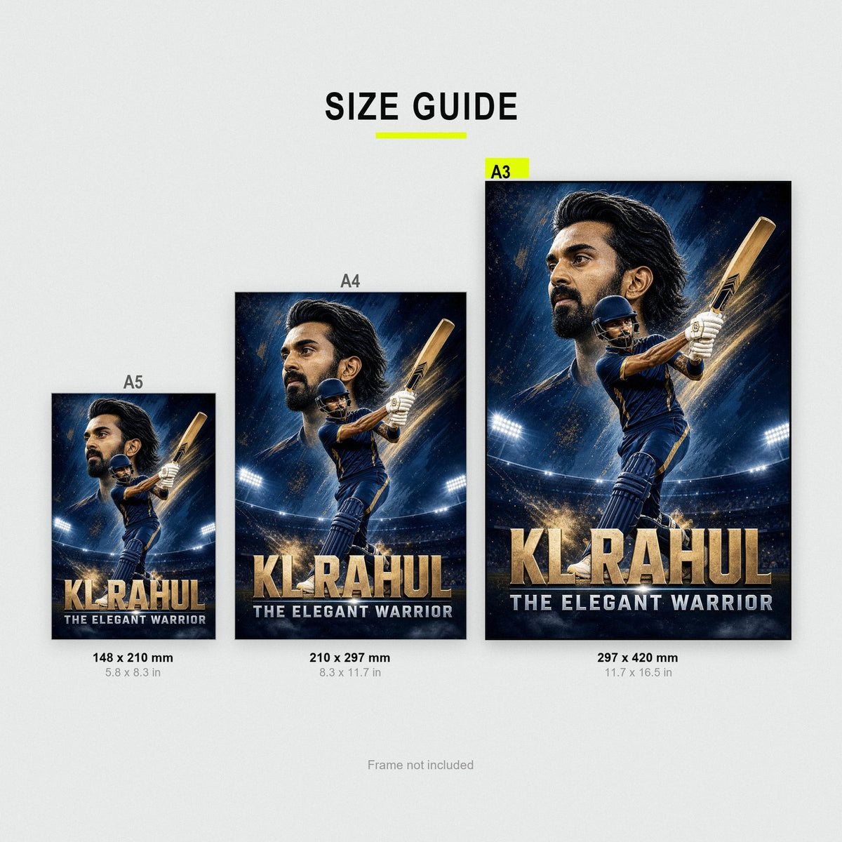 KL Rahul Poster size guide showing A3, A4 and A5