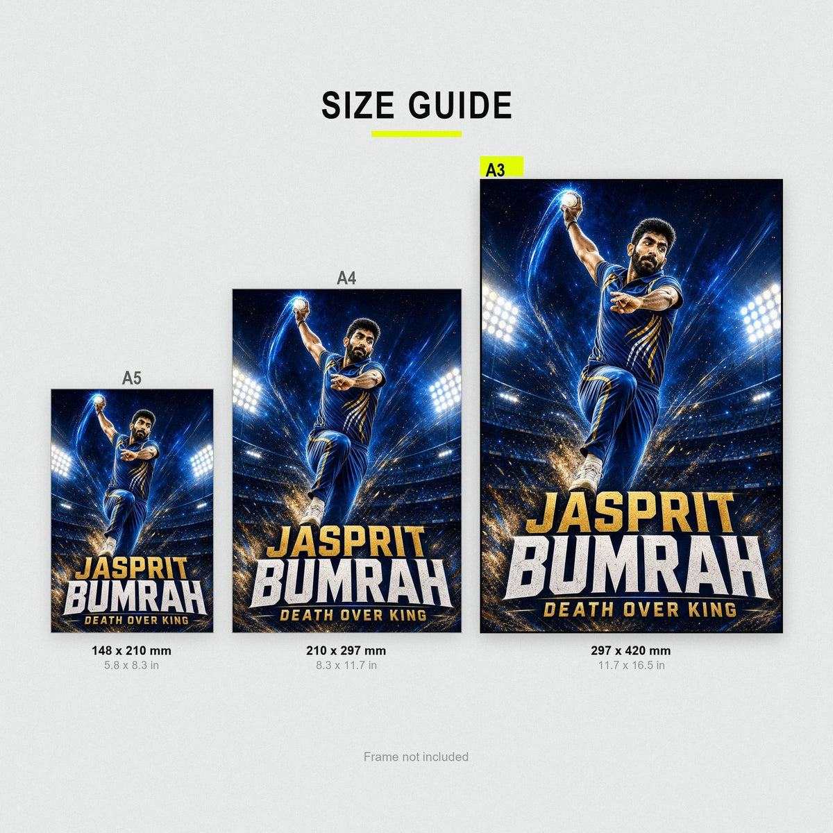 Jasprit Bumrah Poster size guide showing A3, A4 and A5