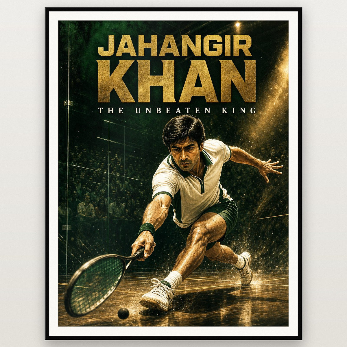 Jahangir Khan Poster shown in a black frame
