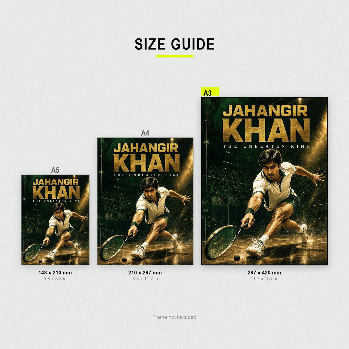 Jahangir Khan Poster size guide showing A3, A4 and A5