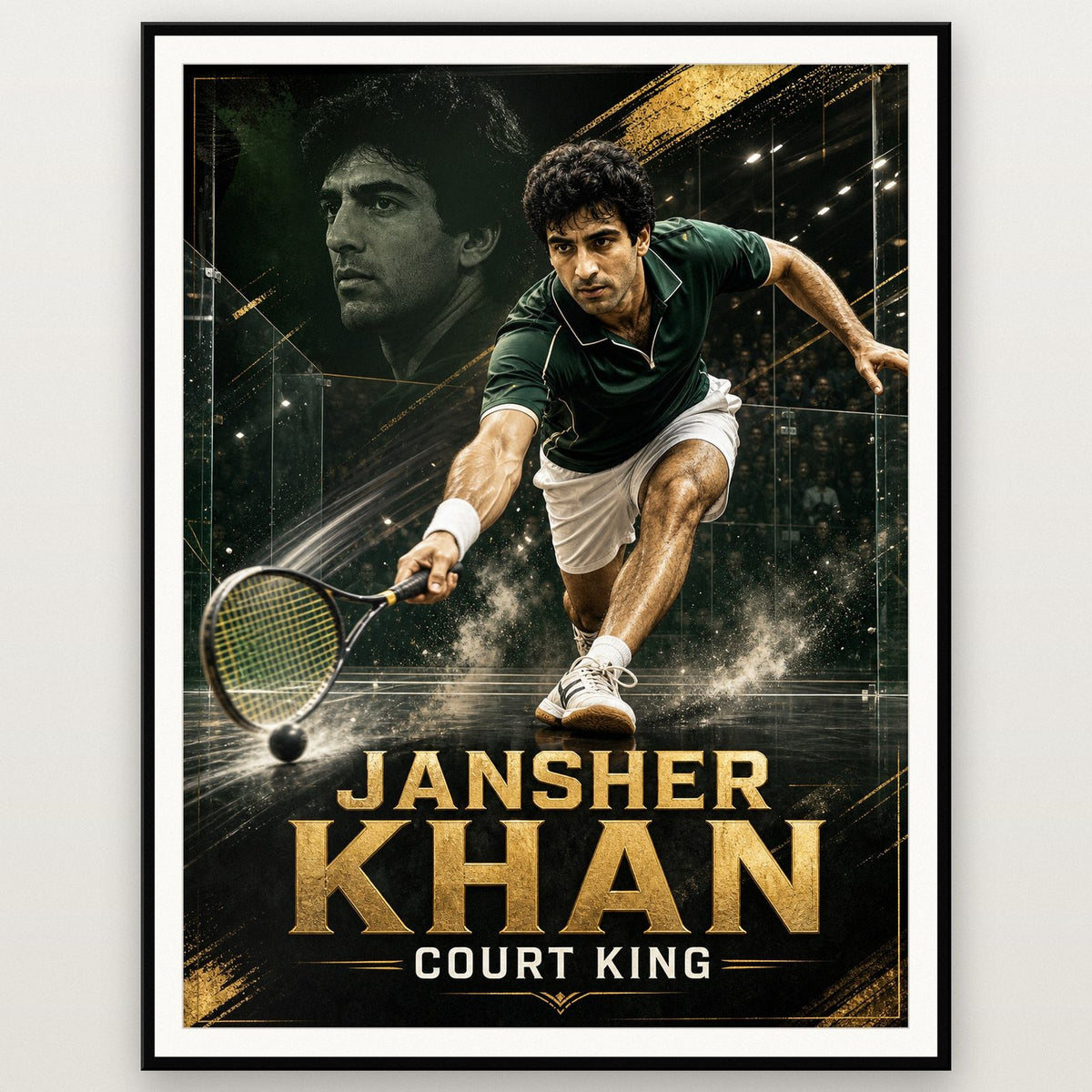 Jansher Khan Poster shown in a black frame