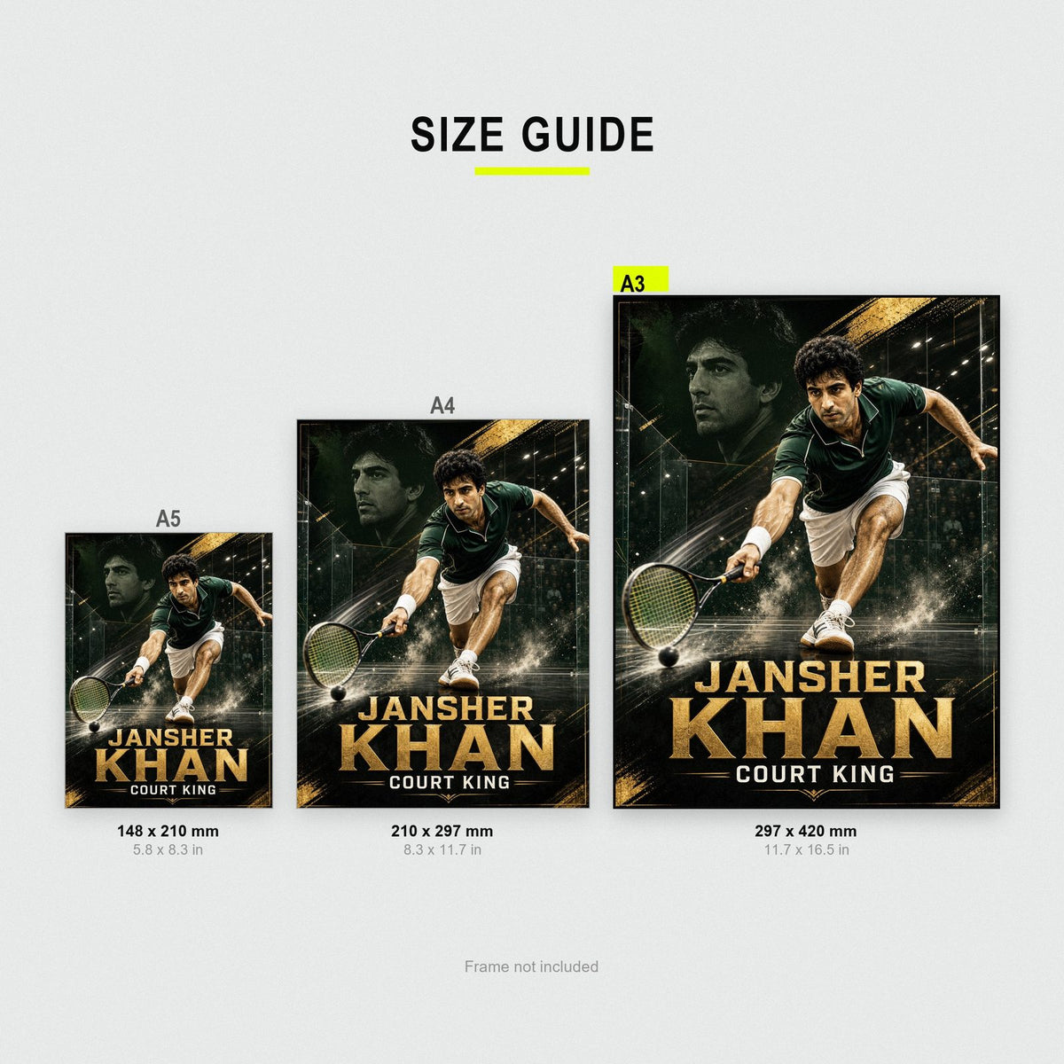 Jansher Khan Poster size guide showing A3, A4 and A5