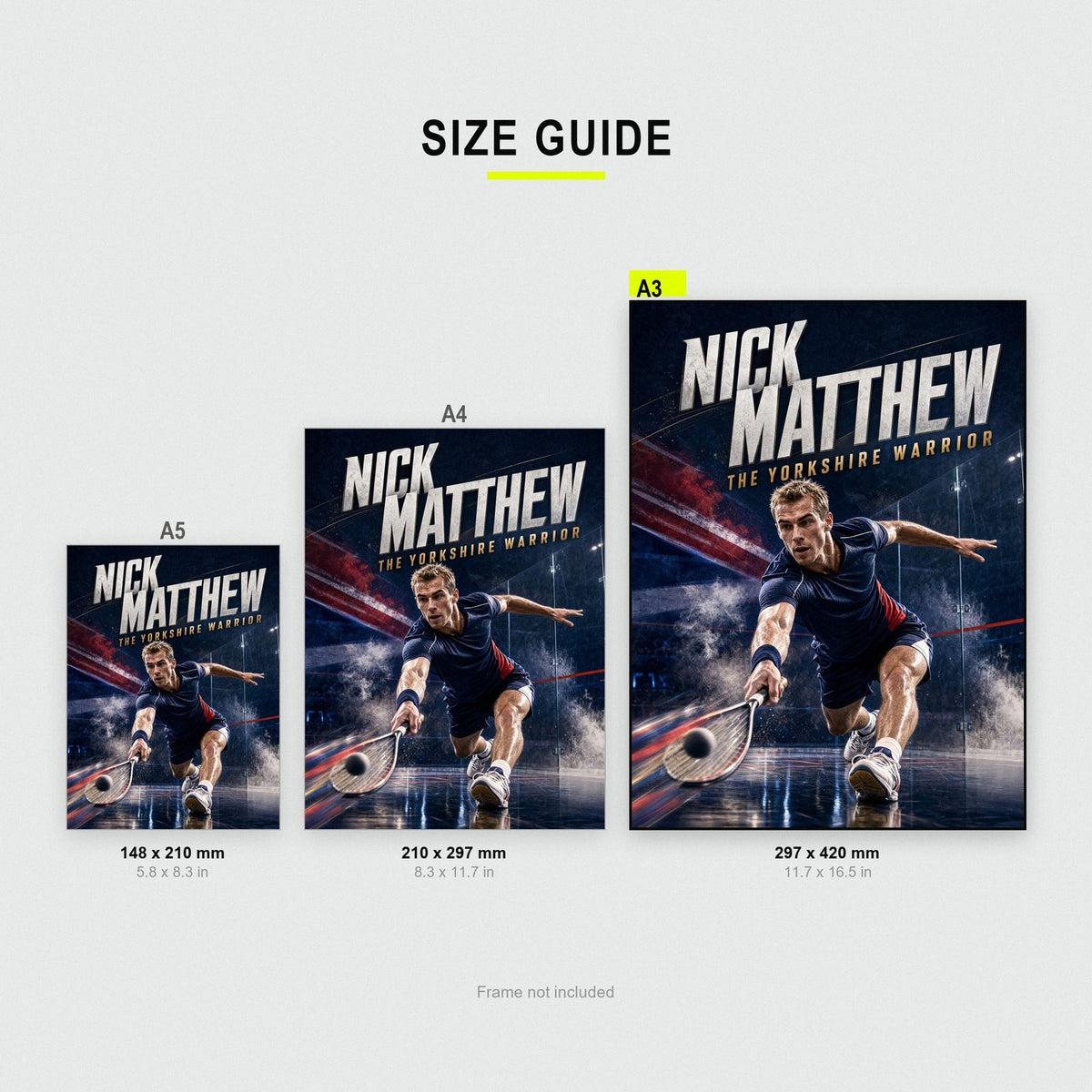 Nick Matthew Poster size guide showing A3, A4 and A5