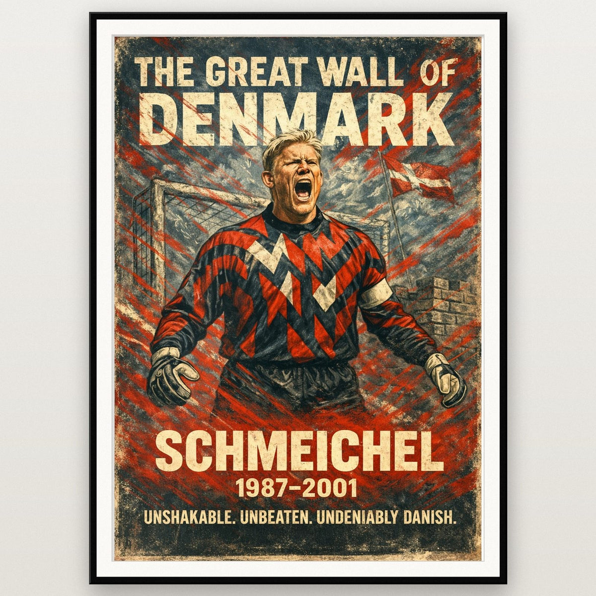 Peter Schmeichel Poster shown in a black frame