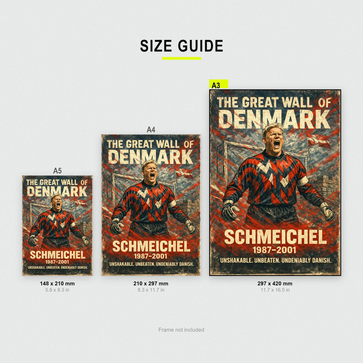 Peter Schmeichel Poster size guide showing A3, A4 and A5