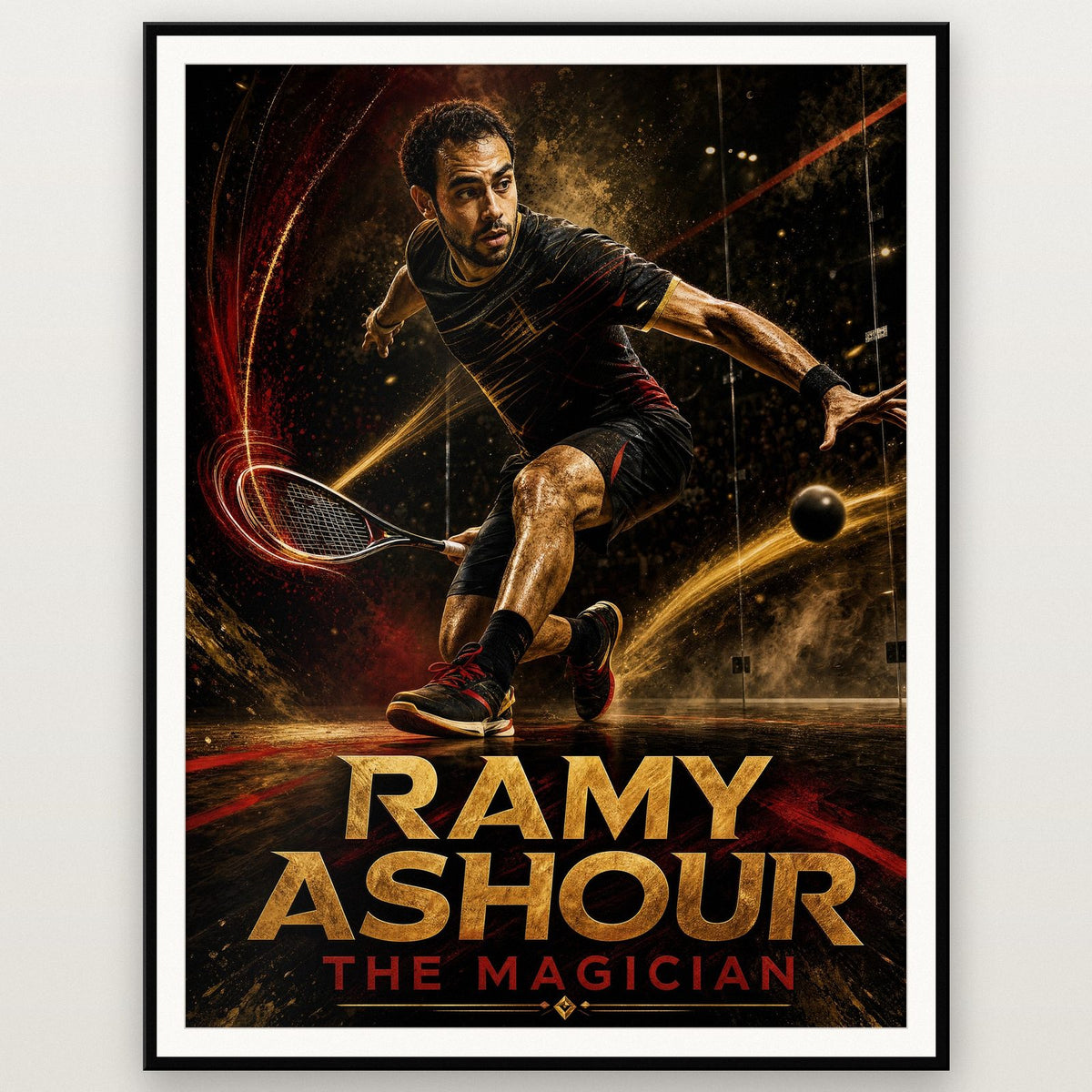 Ramy Ashour Poster shown in a black frame