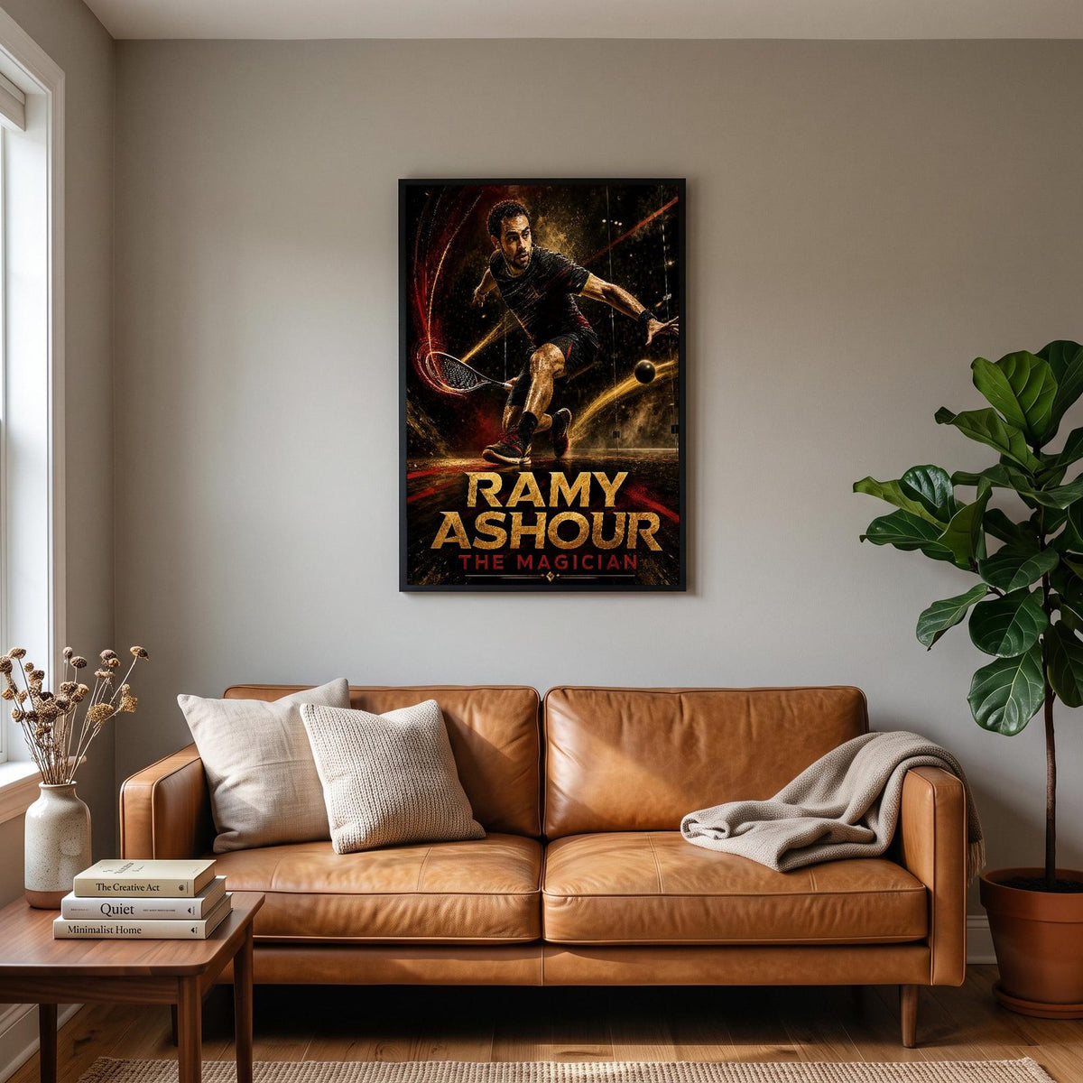 Ramy Ashour Poster hanging on a living room wall