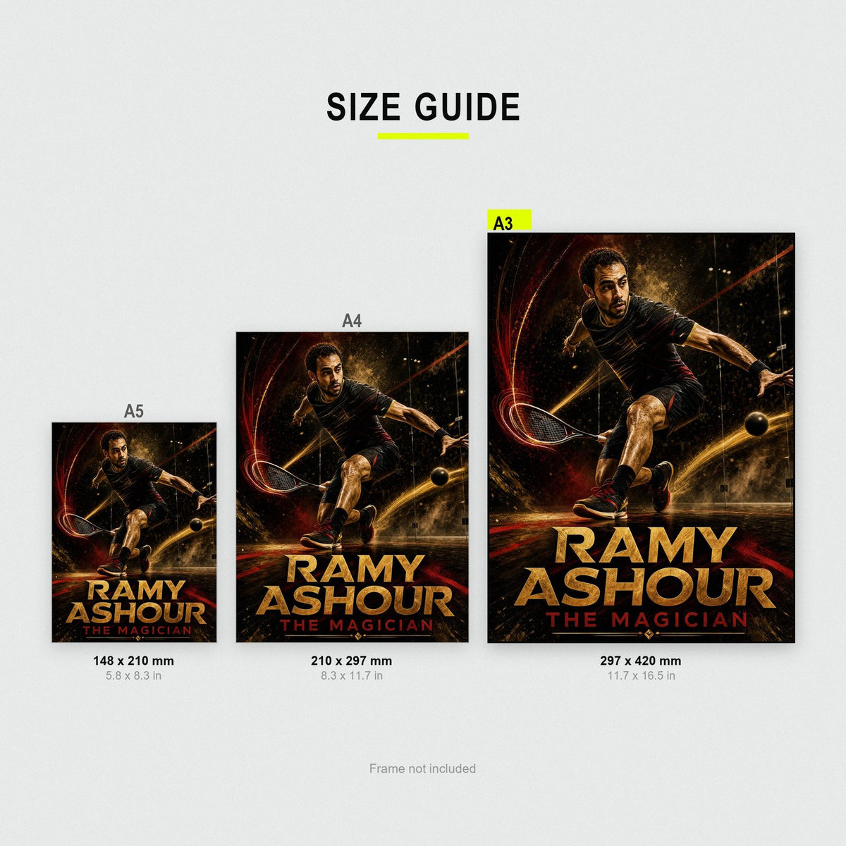 Ramy Ashour Poster size guide showing A3, A4 and A5