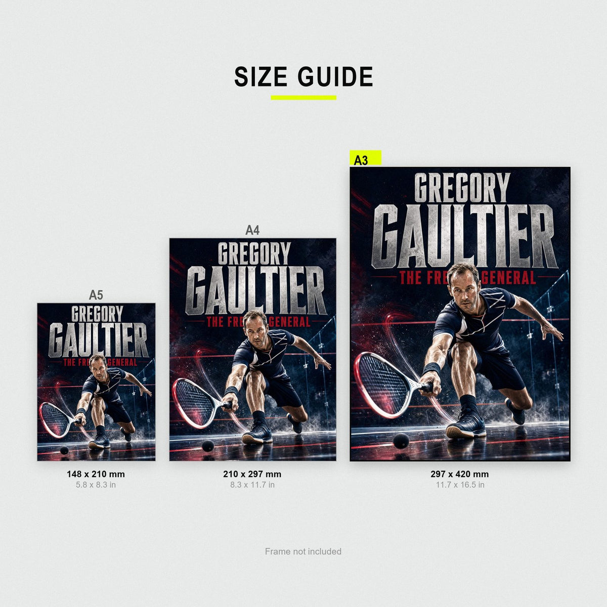 Gregory Gaultier Poster size guide showing A3, A4 and A5