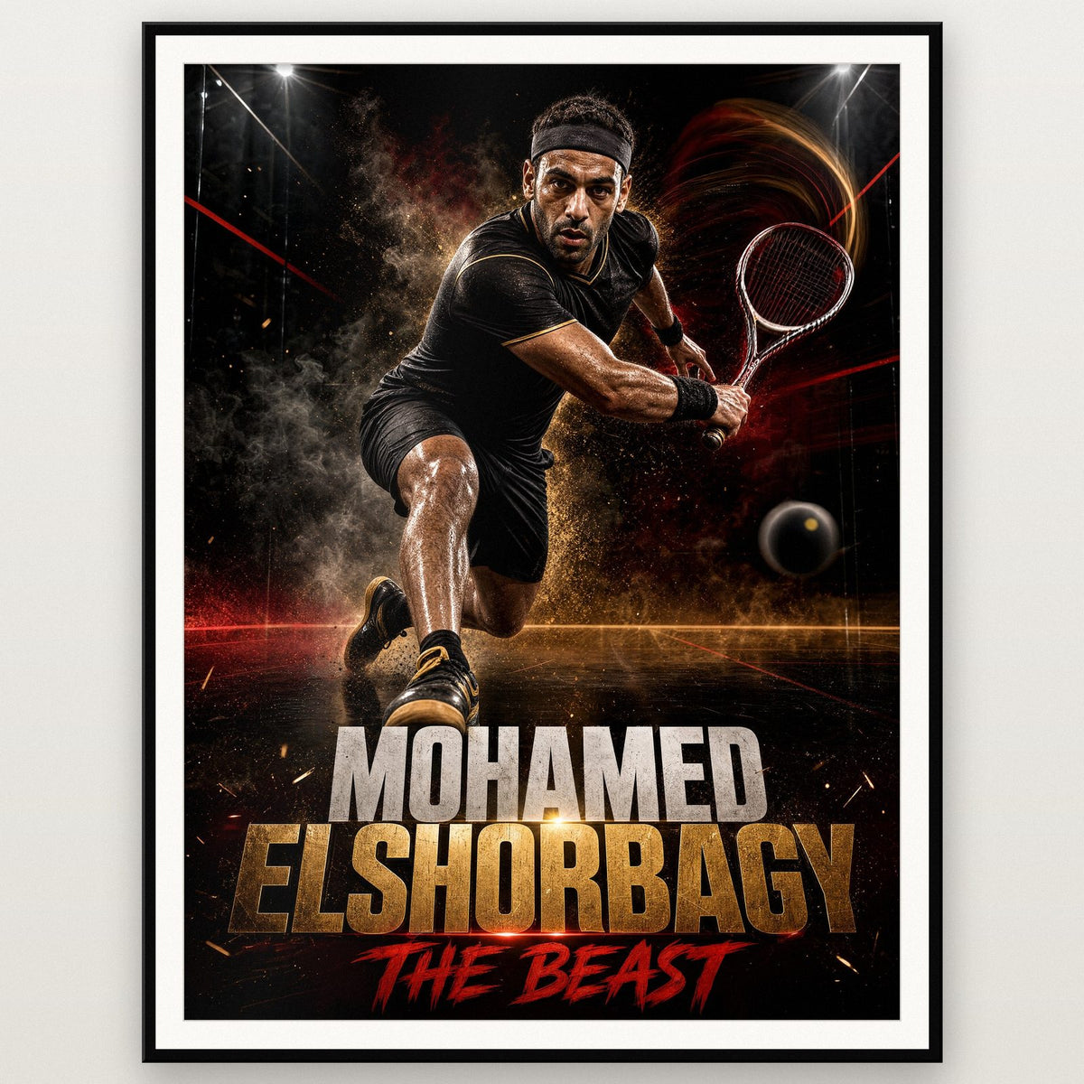 Mohamed Elshorbagy Poster shown in a black frame