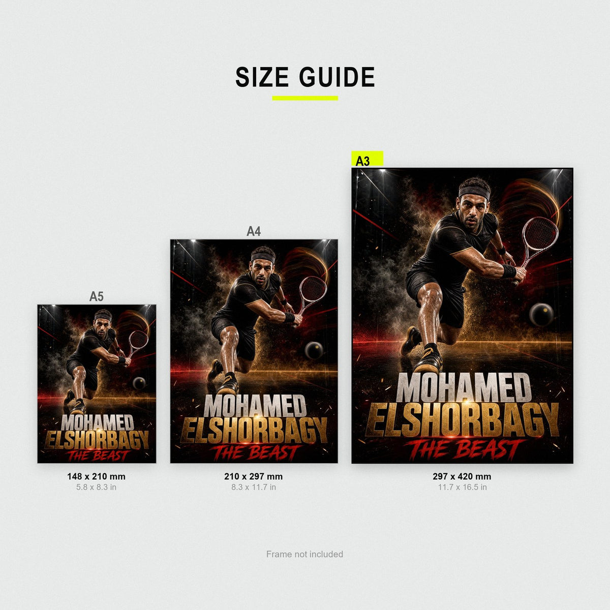 Mohamed Elshorbagy Poster size guide showing A3, A4 and A5