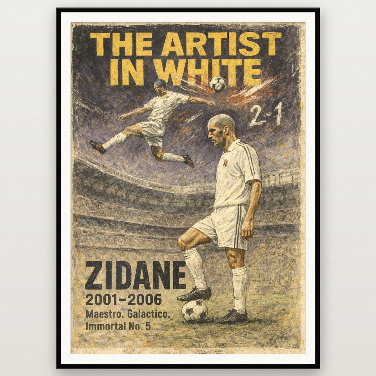 Zinedine Zidane Football Legends Poster shown in a black frame