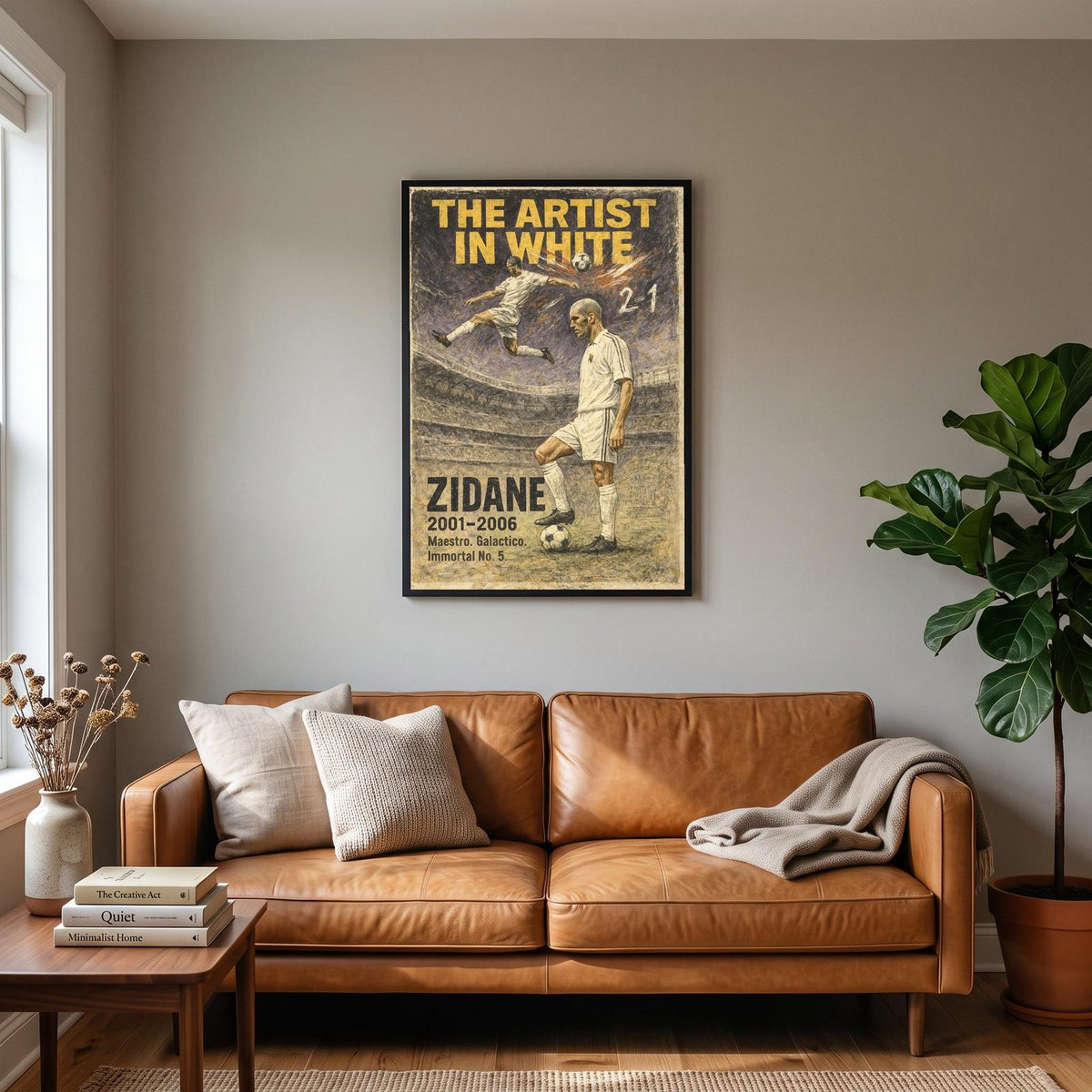 Zinedine Zidane Football Legends Poster hanging on a living room wall