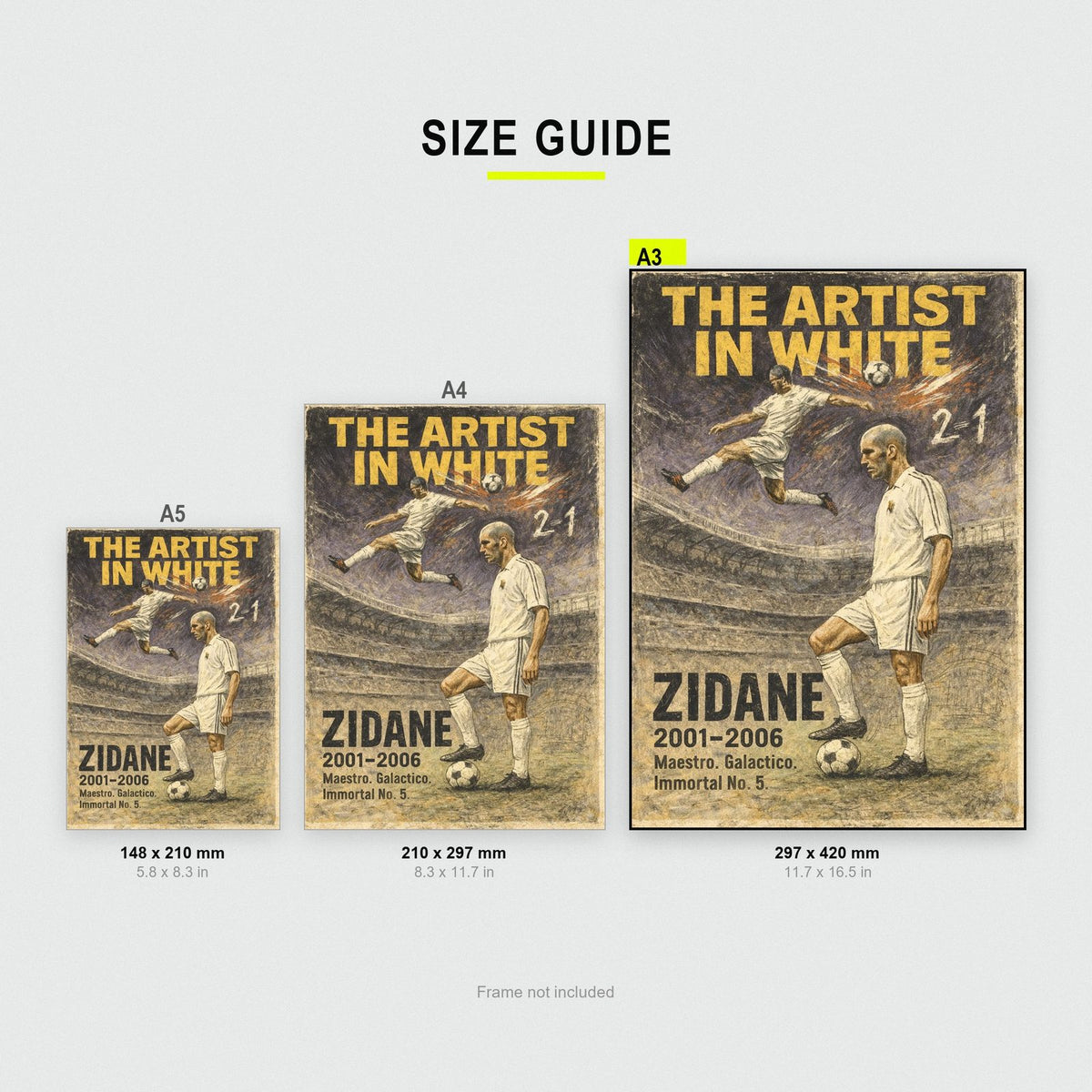 Zinedine Zidane Football Legends Poster size guide showing A3, A4 and A5