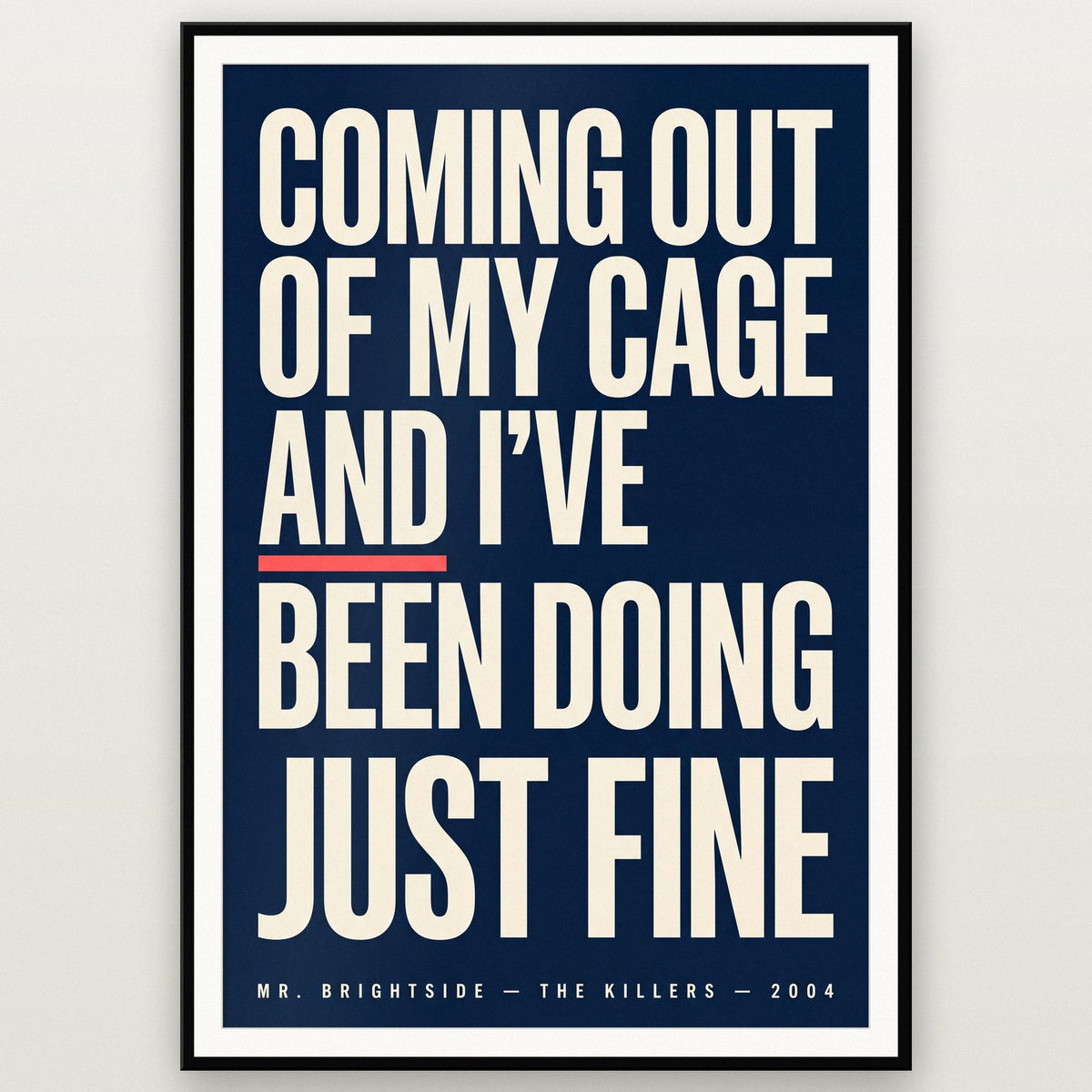 Mr Brightside Lyrics Print shown in a black frame
