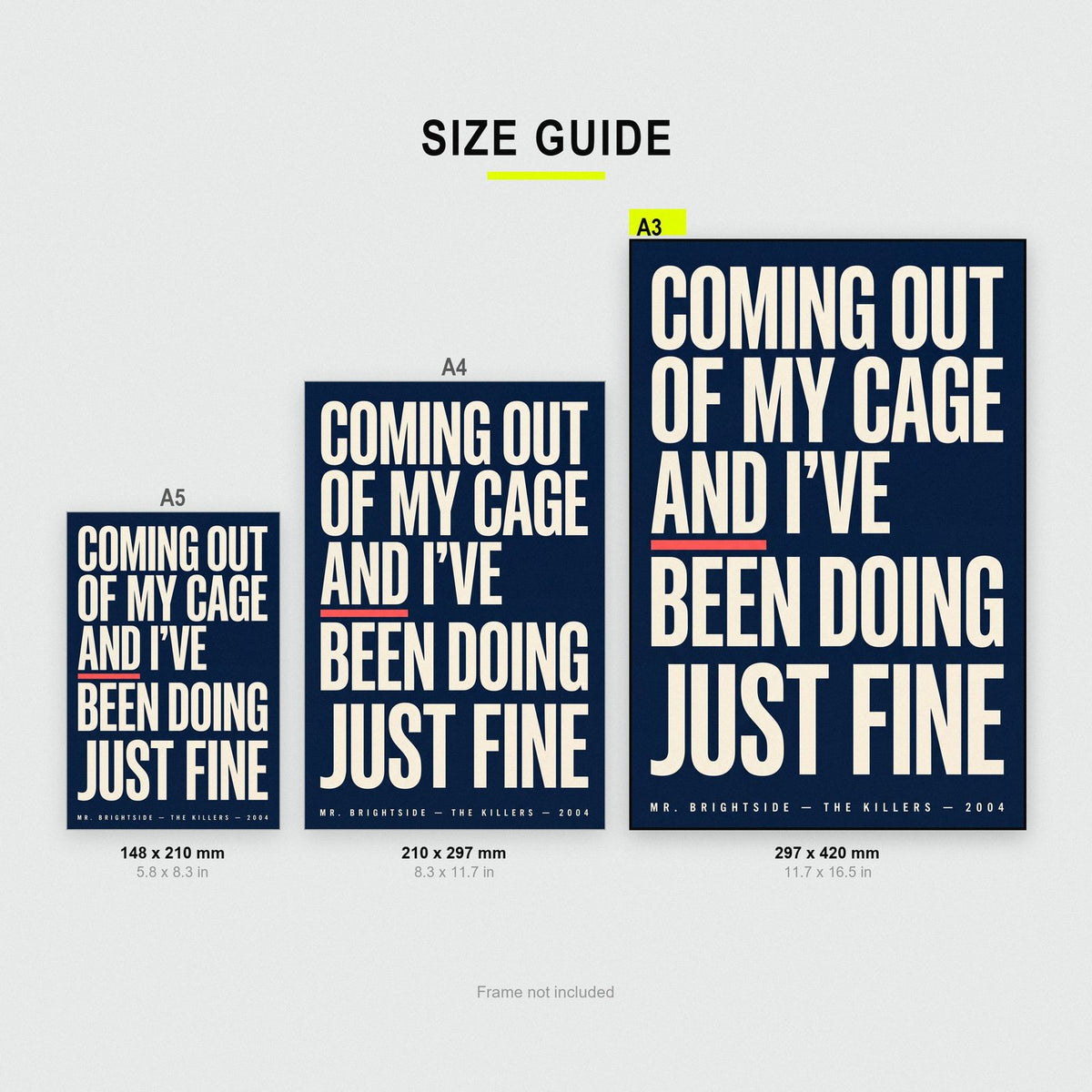 Mr Brightside Lyrics Print size guide showing A3, A4 and A5