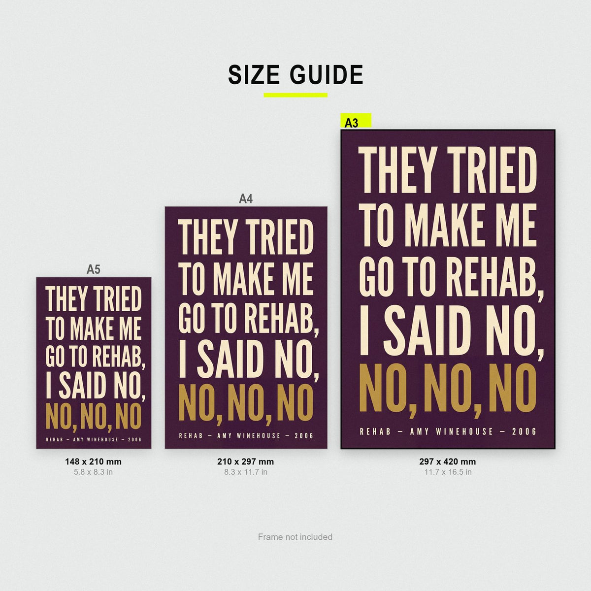 Rehab Lyrics Print size guide showing A3, A4 and A5