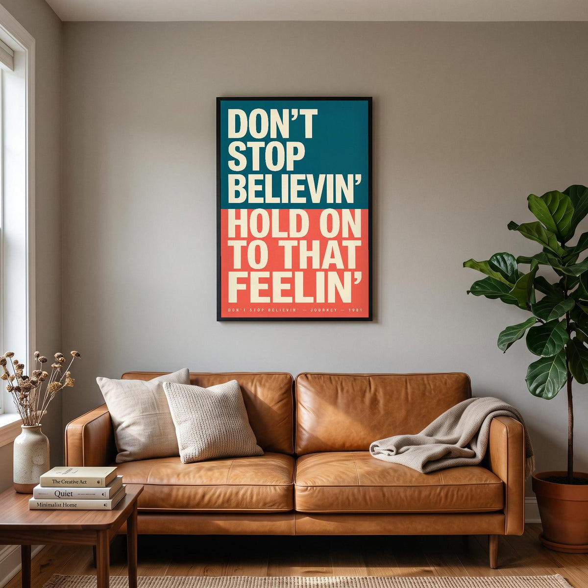 Don't Stop Believin' Lyrics Print hanging on a living room wall