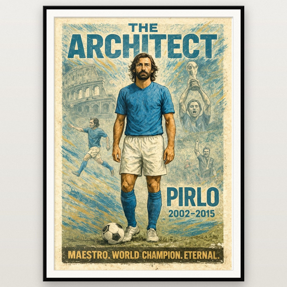 Andrea Pirlo Football Legends Poster shown in a black frame