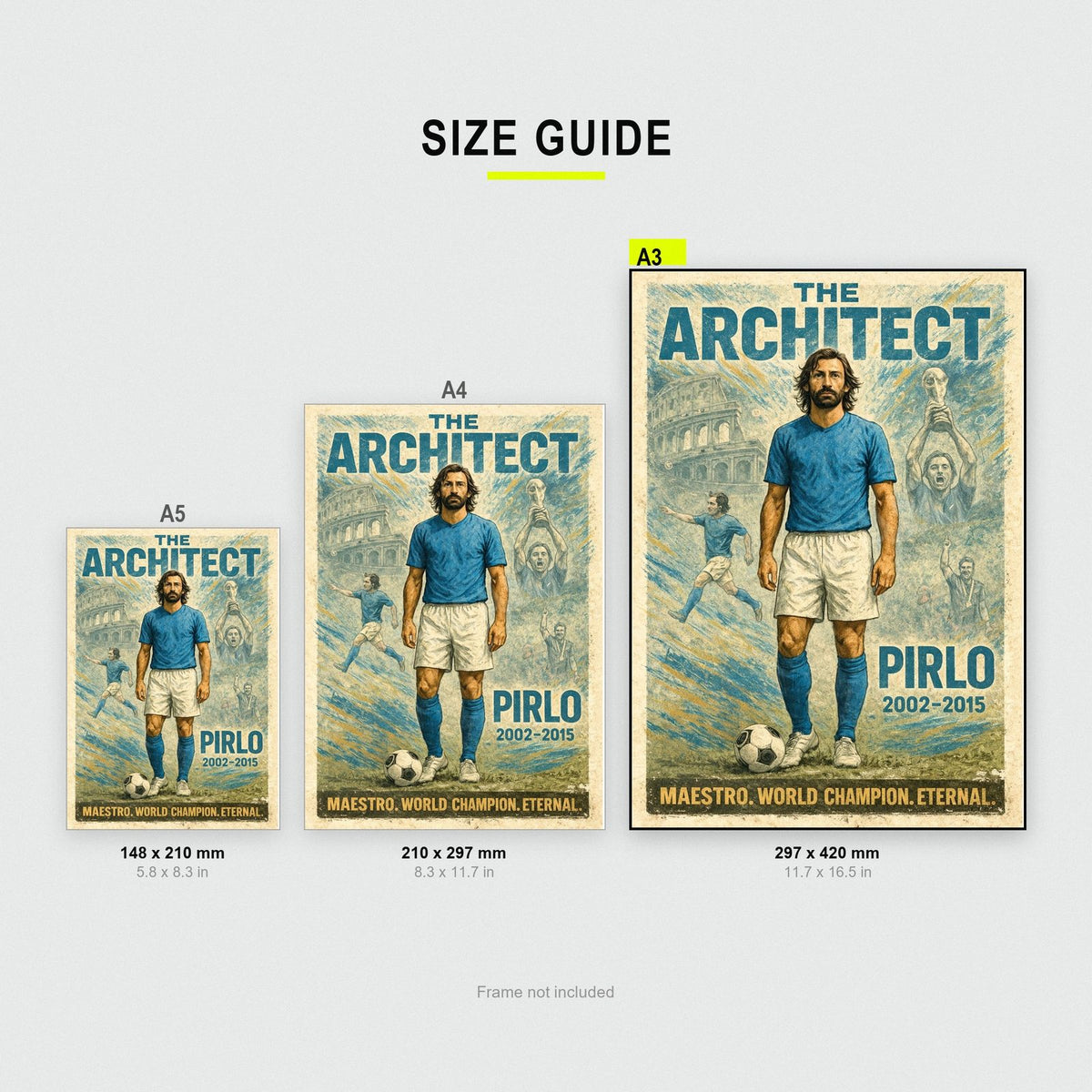 Andrea Pirlo Football Legends Poster size guide showing A3, A4 and A5