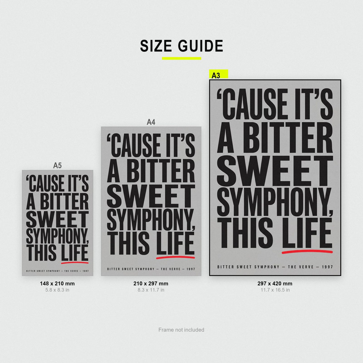 Bitter Sweet Symphony Lyrics Print size guide showing A3, A4 and A5