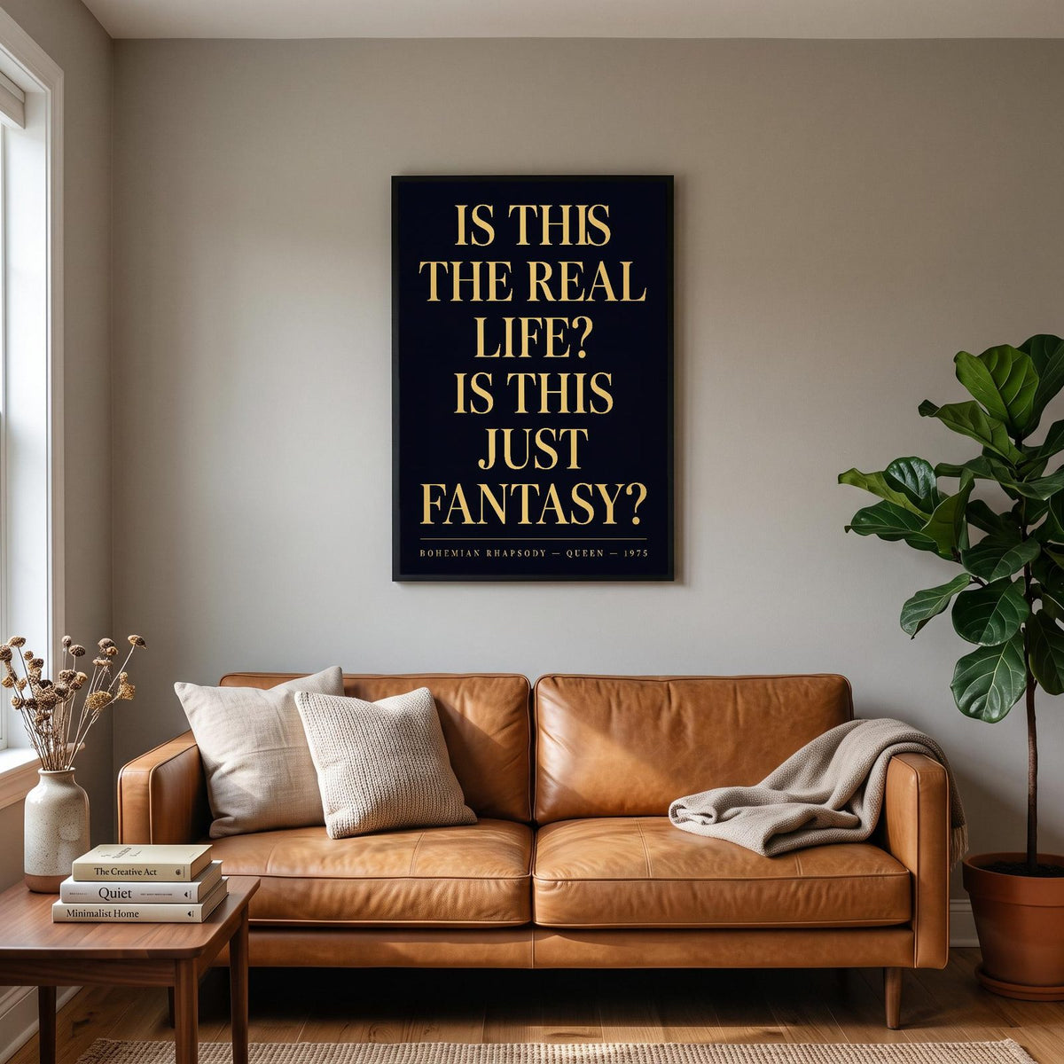 Bohemian Rhapsody Lyrics Print hanging on a living room wall