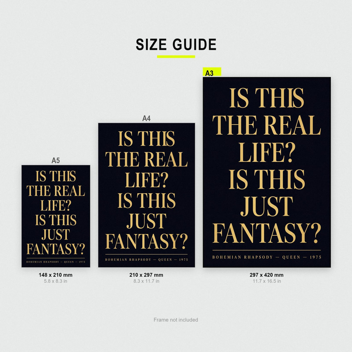 Bohemian Rhapsody Lyrics Print size guide showing A3, A4 and A5