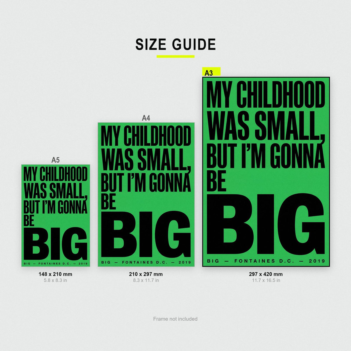 Big Lyrics Print size guide showing A3, A4 and A5