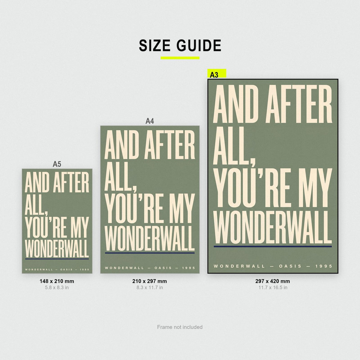 Wonderwall Lyrics Print size guide showing A3, A4 and A5