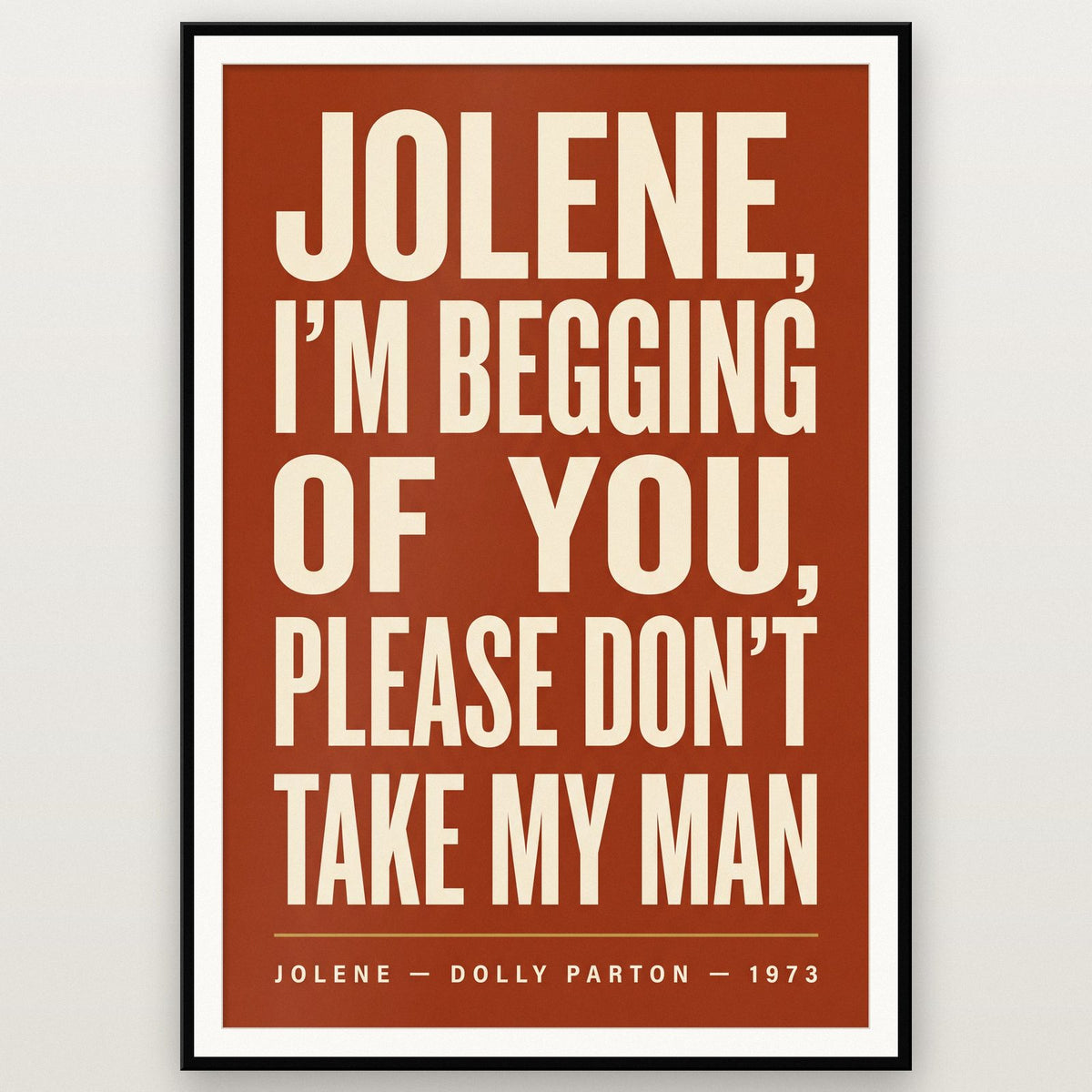 Jolene Lyrics Print shown in a black frame