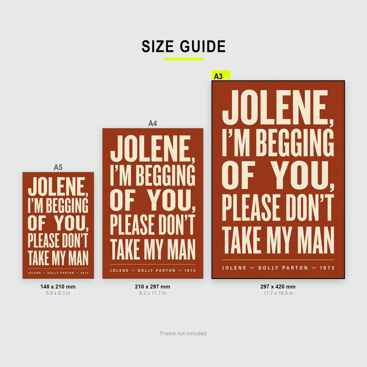 Jolene Lyrics Print size guide showing A3, A4 and A5