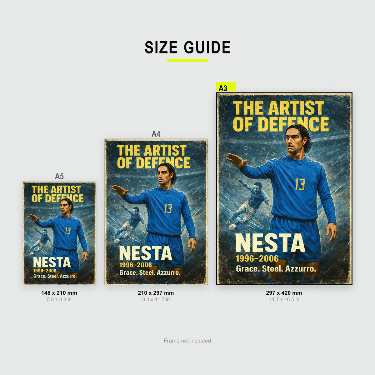 Alessandro Nesta Football Legends Poster size guide showing A3, A4 and A5